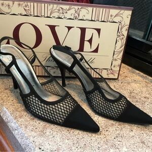 Stuart Weitzman, Elegant Black Mesh Peau de Soir Rhinestone Slingbacks